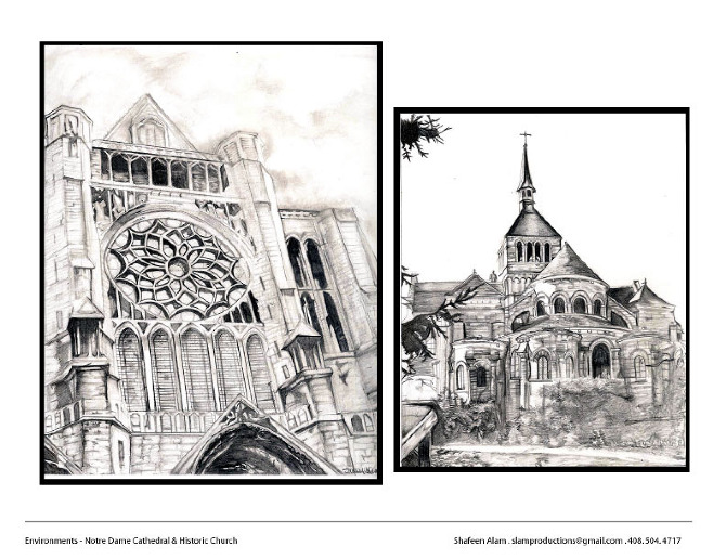 A graphite drawing of a Gothic rose window and cathedral facade
