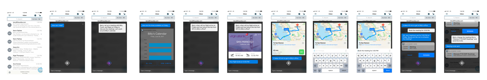 A ten-screen flow of the Berry AI assistant inside BlackBerry Work, scheduling a meeting, checking a flight, and confirming an invite