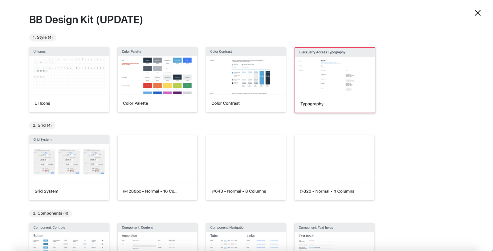 The BB Design Kit published in InVision, organized into Style, Grid and Components sections