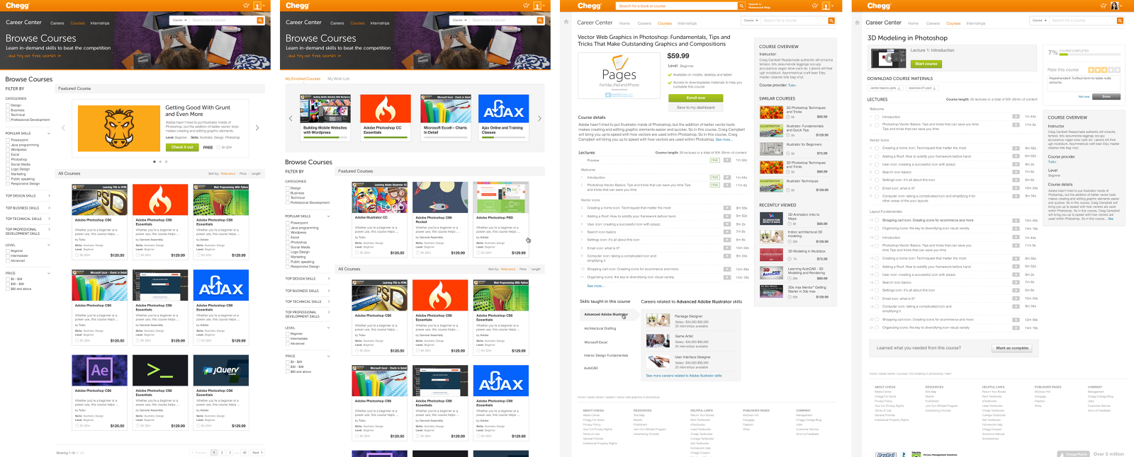 Chegg Browse Courses pages with category, skill, level and price filters, a course detail page, and a course in progress showing its lecture list and completion percentage