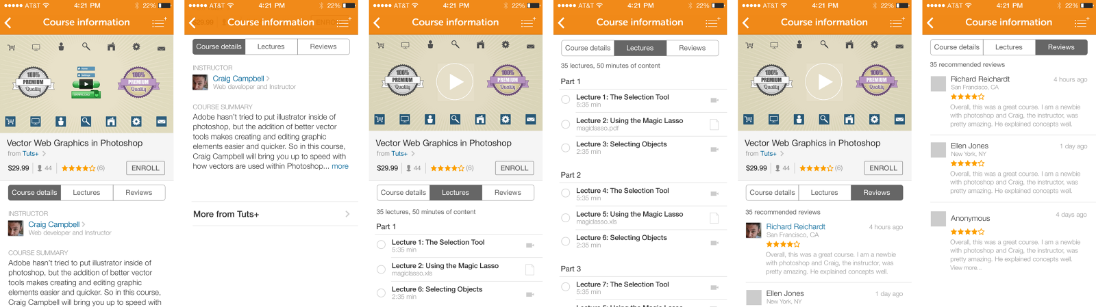 Chegg mobile course screens showing a course overview with lectures, progress and enrollment, and a course in progress
