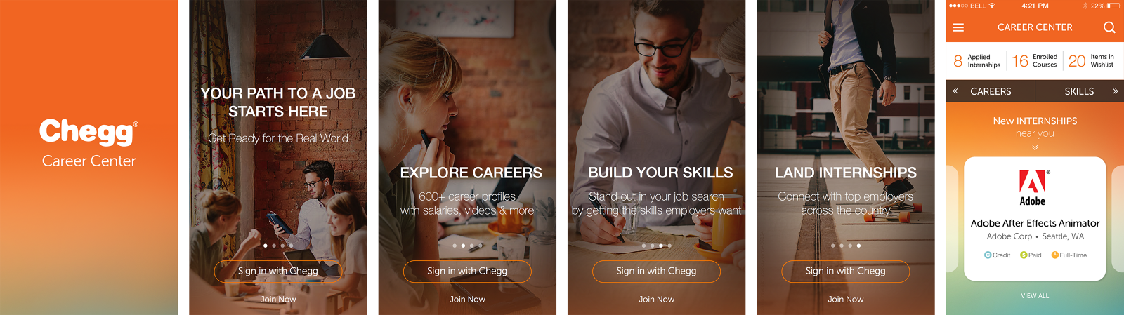 Chegg Career Center mobile onboarding: a splash screen followed by four panels reading your path to a job starts here, explore careers, build your skills, and land internships, each with sign in and join now
