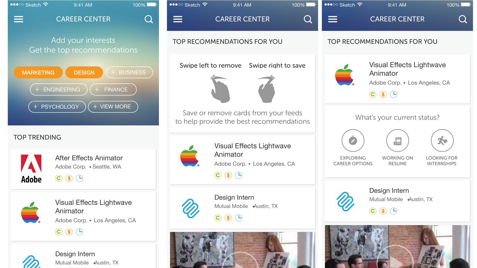 Chegg Career Center mobile screens showing interest selection chips, a swipe left to remove and swipe right to save instruction card, recommendation cards, and a current status selector
