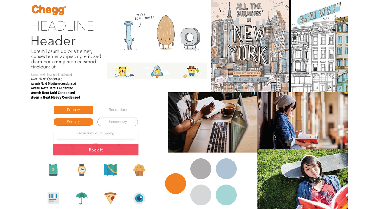 Chegg visual direction board with headline and header type specimens in Avenir Next Condensed, primary and secondary button styles, flat icons, a color palette and student photography