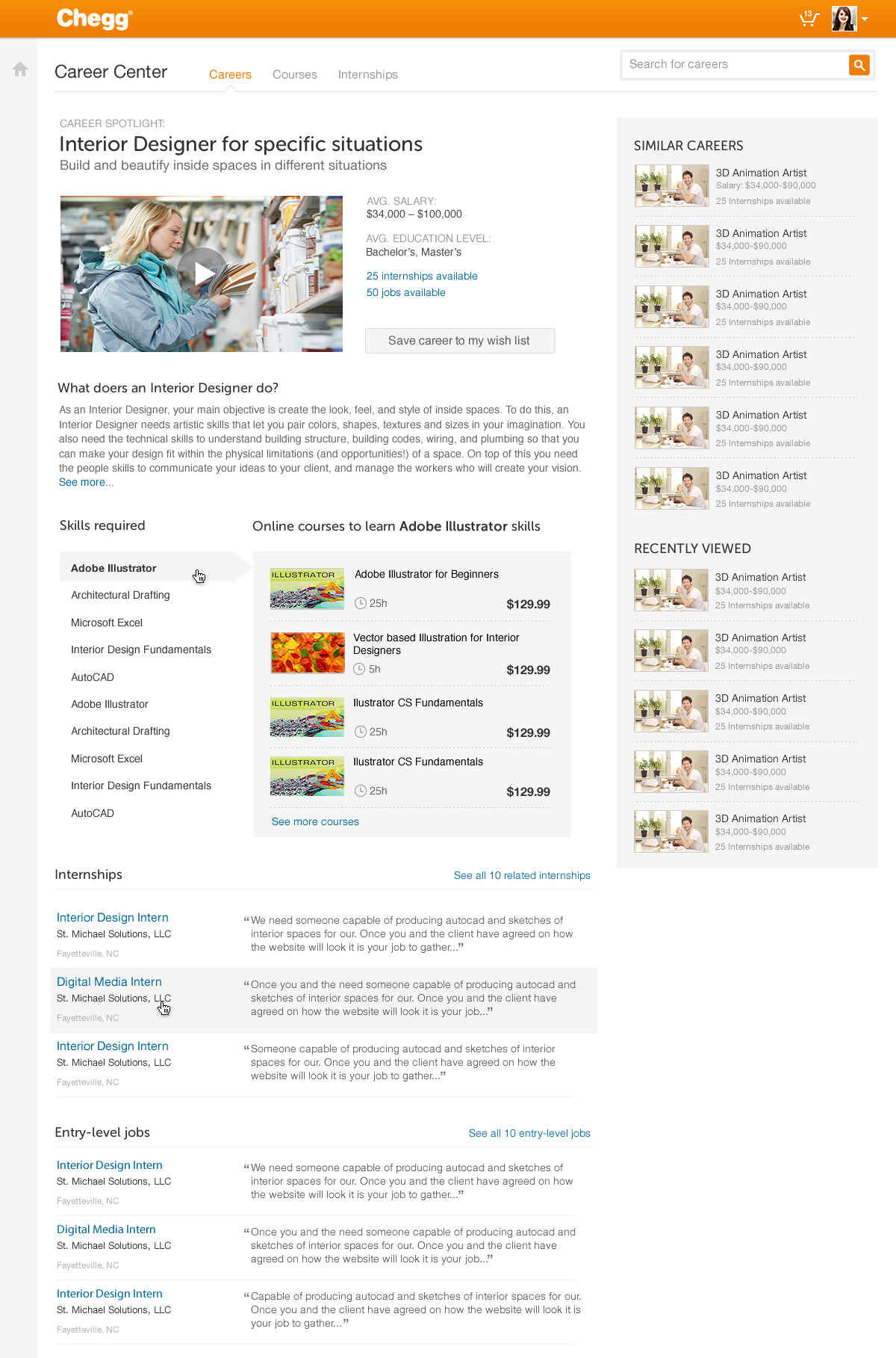 Chegg Career Center career spotlight for Interior Designer showing average salary, education level, a selectable list of required skills, online courses teaching the selected skill, and related internships and entry-level jobs