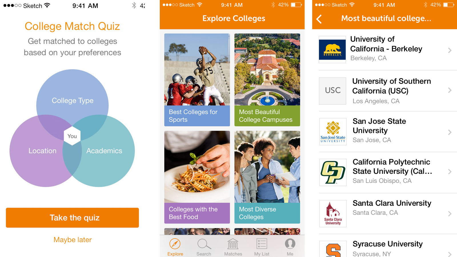 The shipped Chegg Admissions app, showing the College Match Quiz, Explore Colleges collections, and a most beautiful campuses list