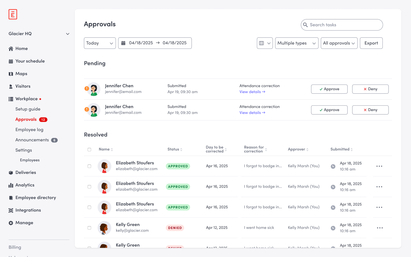 Envoy Approvals dashboard listing pending attendance corrections with Approve and Deny actions, and a resolved table showing status, day corrected, reason for correction, approver and submission time