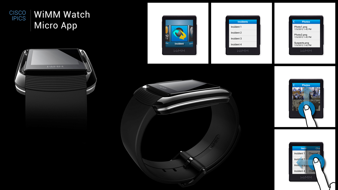 The Cisco IPICS WiMM Watch micro app board, showing the smartwatch hardware alongside five interface states