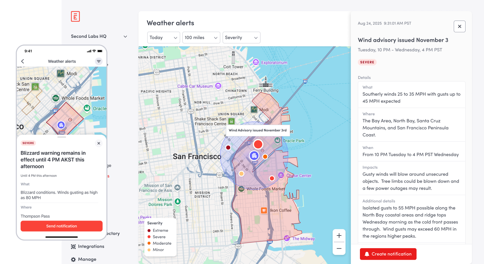 Weather alerts map with severity-coded regions and a wind advisory detail panel, plus the mobile equivalent