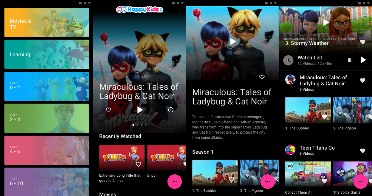 Four screens from the HappyKids app: color-coded browse, home, show detail and watch list