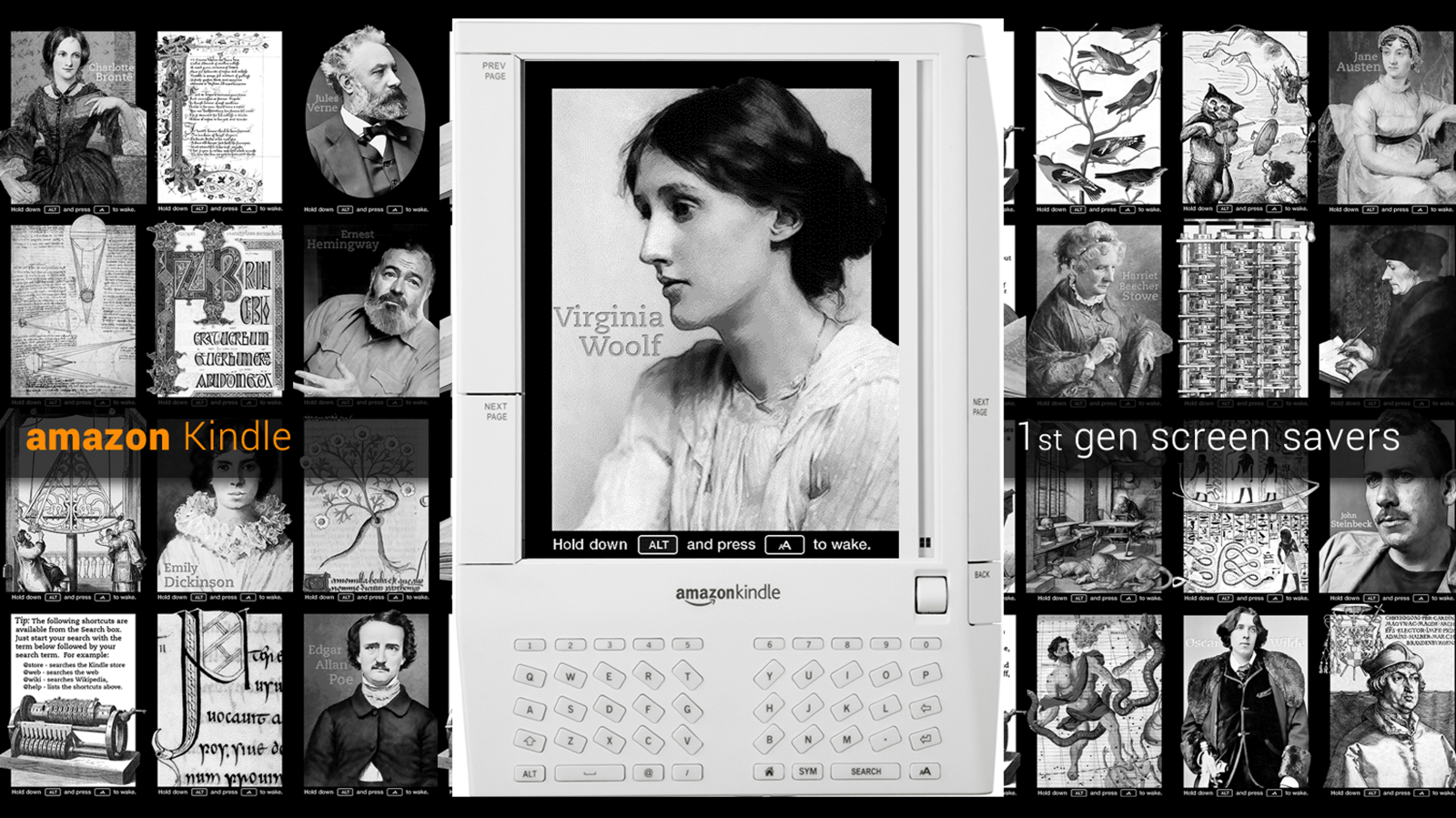 A wall of Kindle first-generation screensavers in grayscale