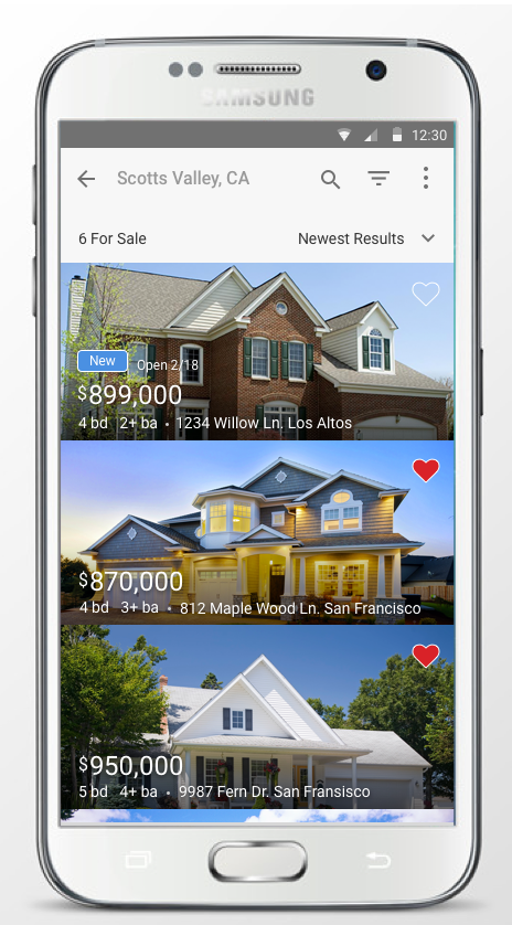 Samsung phone showing the redesigned Android list for Scotts Valley with three edge-to-edge home photos, price and details overlaid, and save hearts
