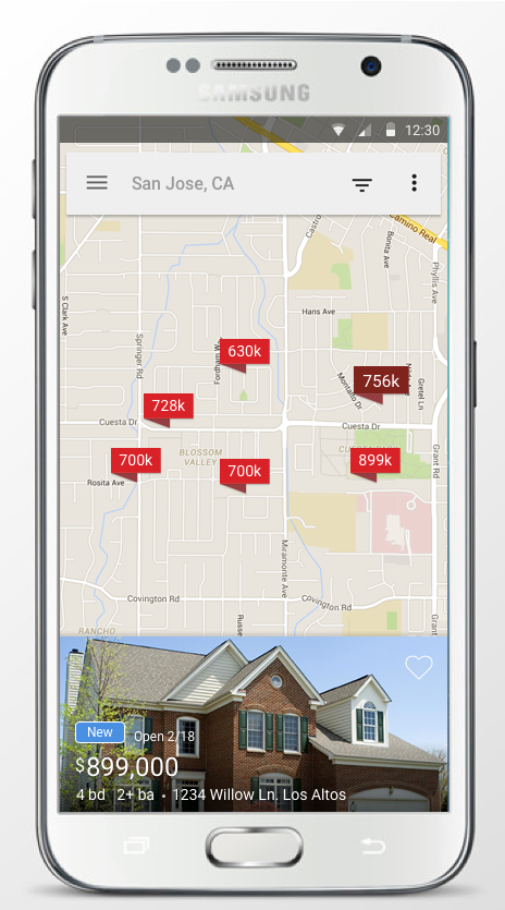 Samsung phone showing the redesigned Realtor.com Android map for San Jose with price pins and a selected listing card at the bottom showing a large photo, New and Open badges, price and details