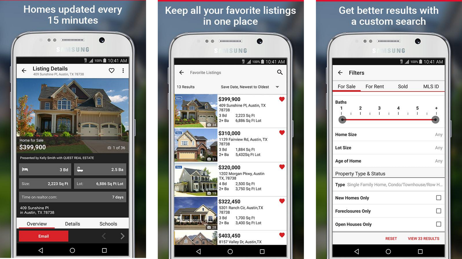 Three Realtor.com Android screens with Material Design applied: listing details, favorite listings, and a filters panel