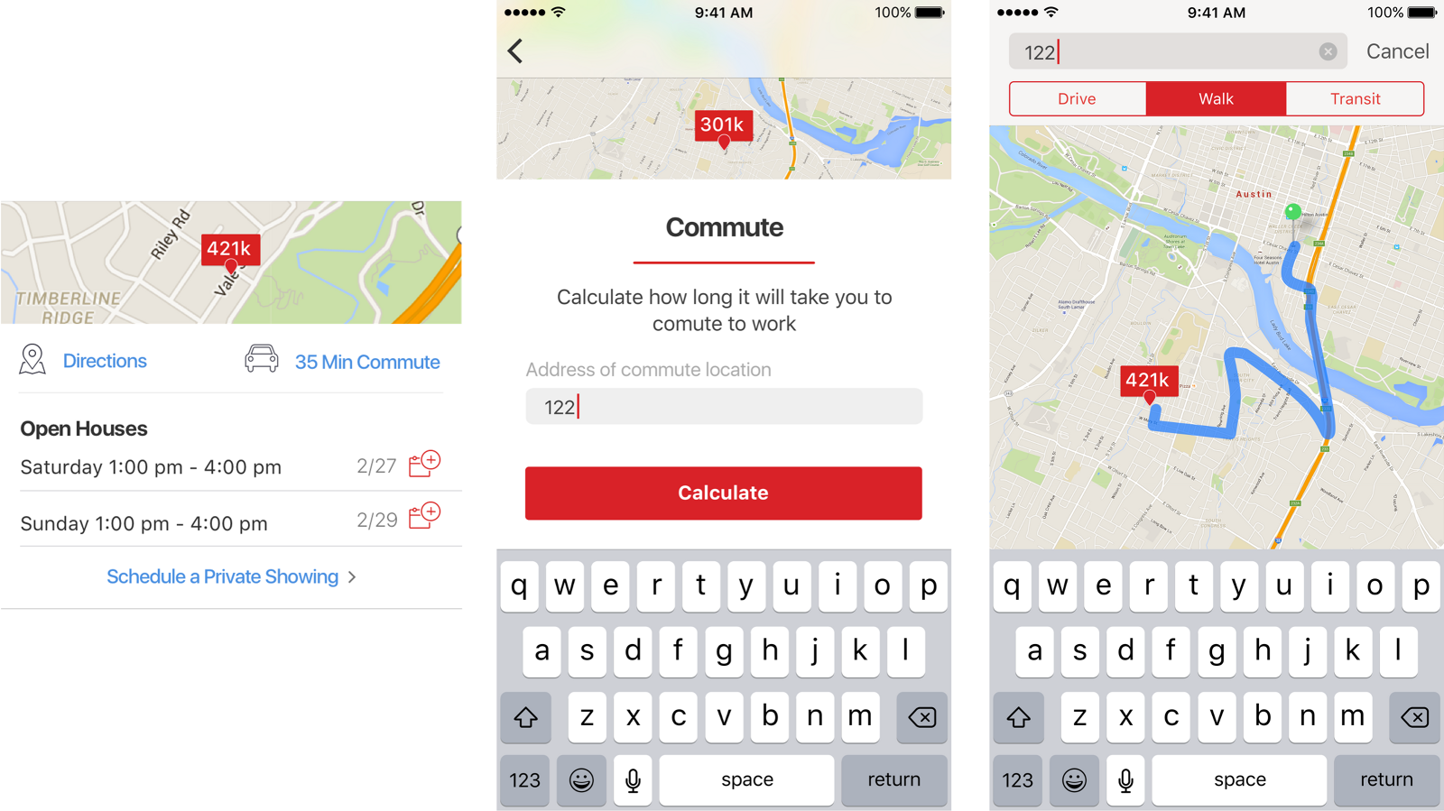 Three screens showing a listing with a 35 minute commute link, a commute calculator asking for a work address, and a map displaying the calculated route with drive, walk and transit options