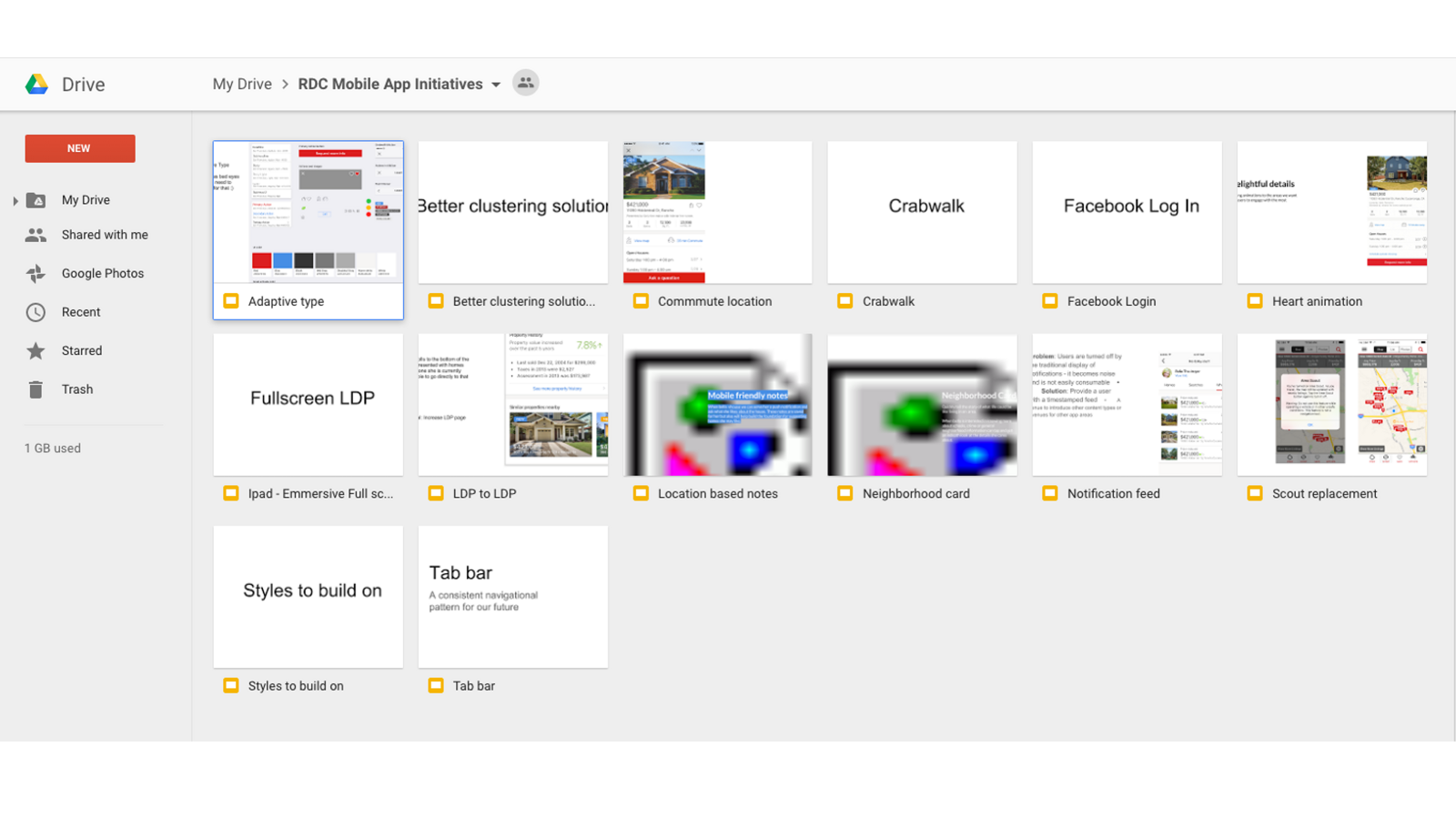 A Google Drive folder titled RDC Mobile App Initiatives containing fourteen decks including adaptive type, better clustering solution, commute location, crabwalk, heart animation, fullscreen LDP, location based notes, neighborhood card, notification feed, scout replacement, styles to build on and tab bar