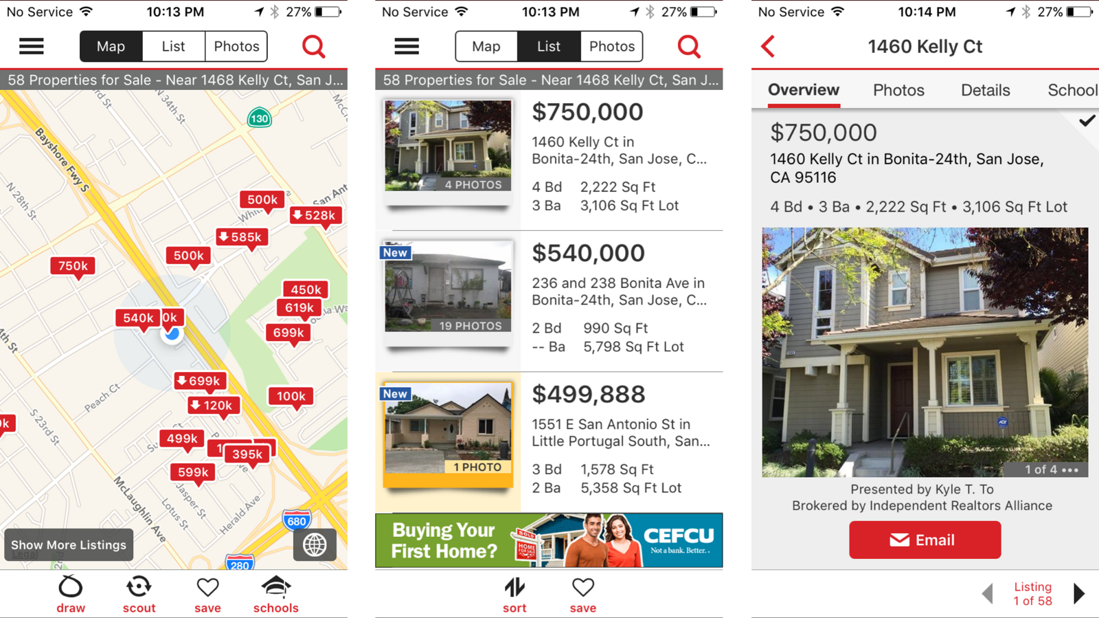 Three Realtor.com iOS screens before the redesign: a map with red price pins and draw, scout, save and schools tabs, a dense list view with small thumbnails and a banner ad, and a listing detail page with tabbed navigation