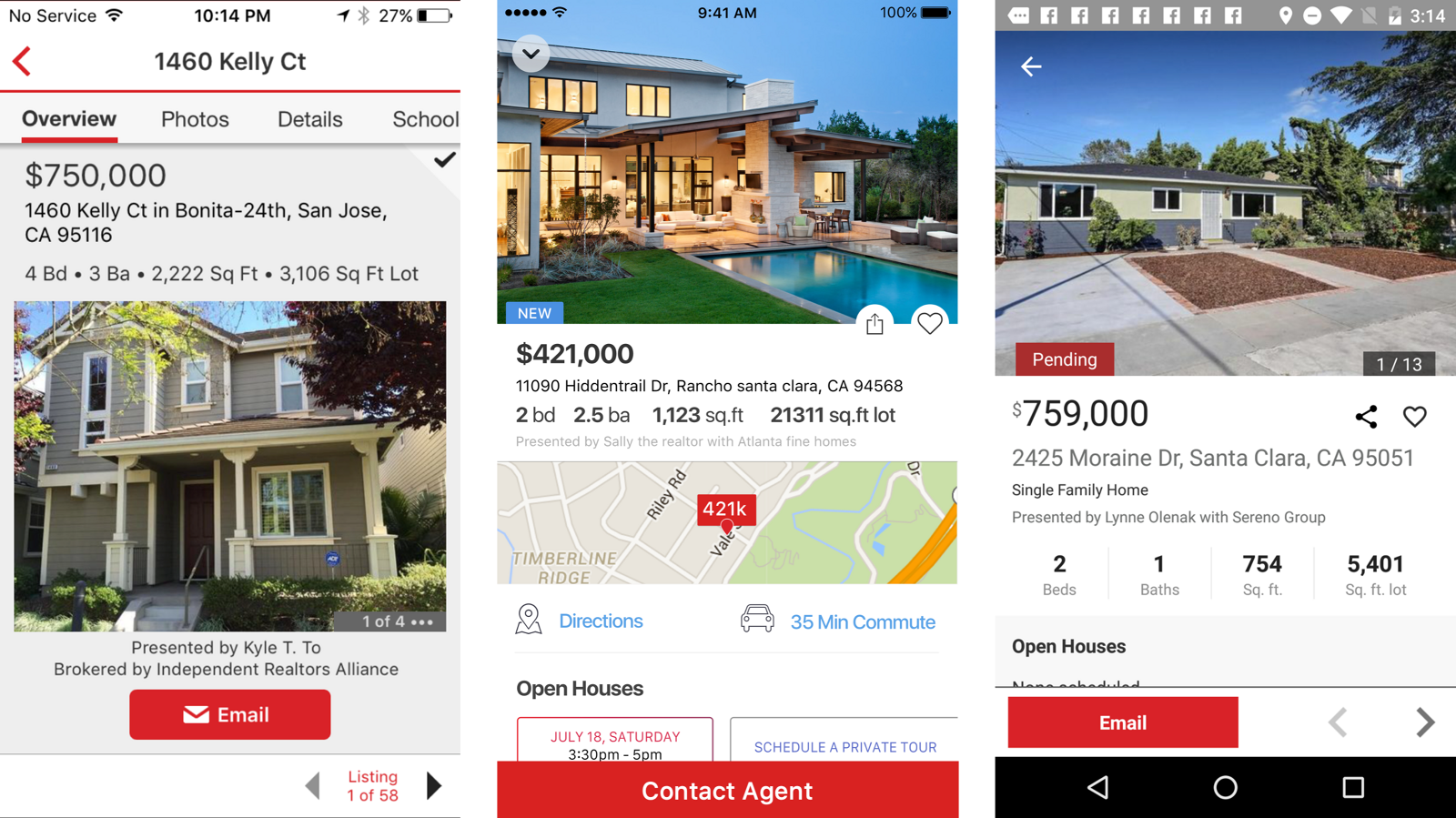 Three Realtor.com listing detail screens compared, showing the move to larger photography and pertinent information above the fold