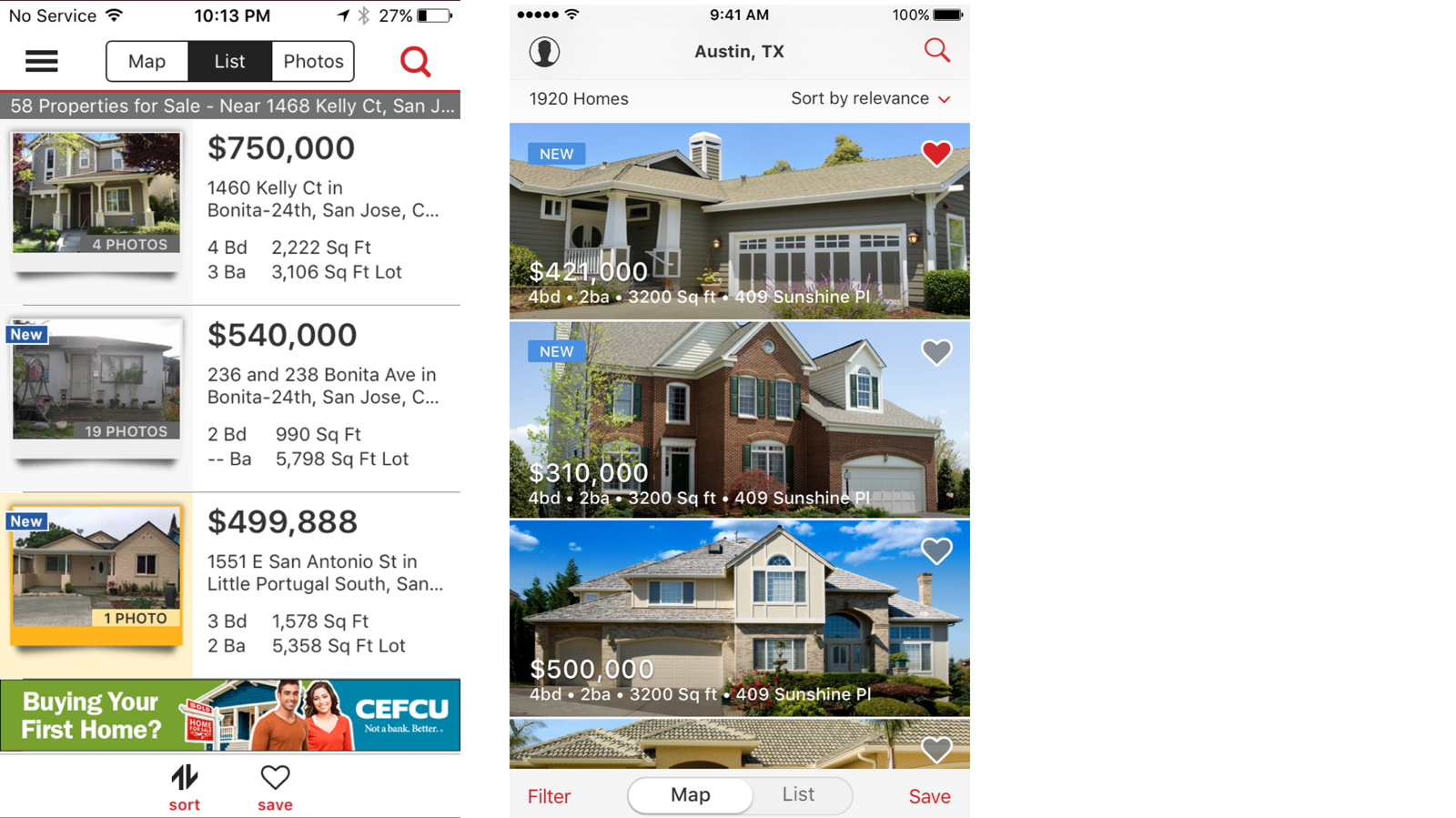 Two list views compared. The left is the old dense list with small thumbnails and a banner ad. The right is the redesigned edge-to-edge photo list with price and details overlaid on each image
