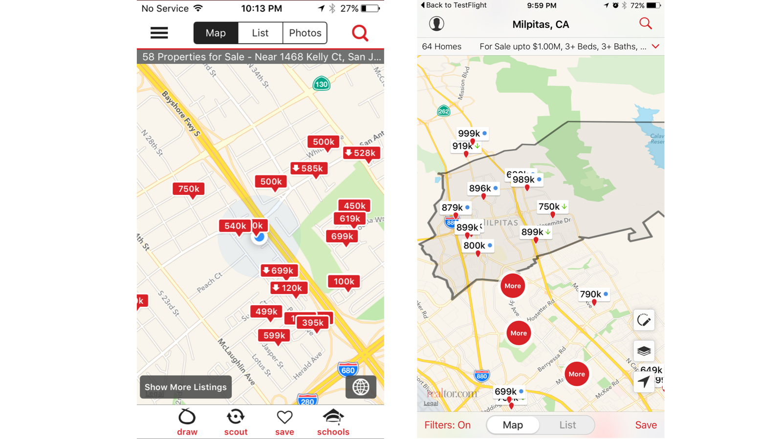 Two Realtor.com iOS map screens side by side. The left has price pins on a plain map with no area context. The right shows the same map with the Milpitas city boundary outlined and the city name labelled