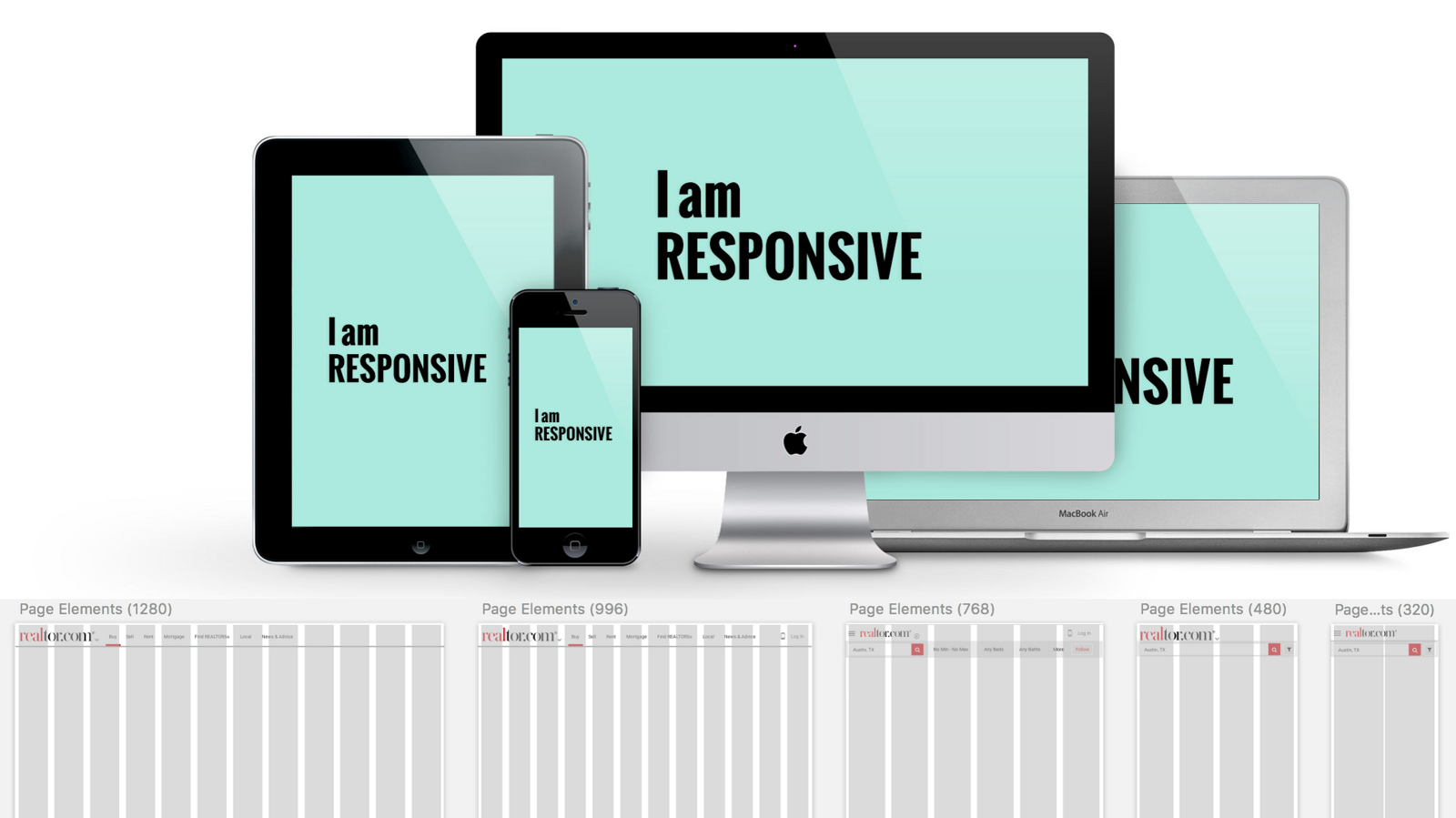 Realtor.com shown responsively across desktop, laptop, tablet and phone above a row of page element breakdowns at 1280, 996, 768, 480 and 320 pixels