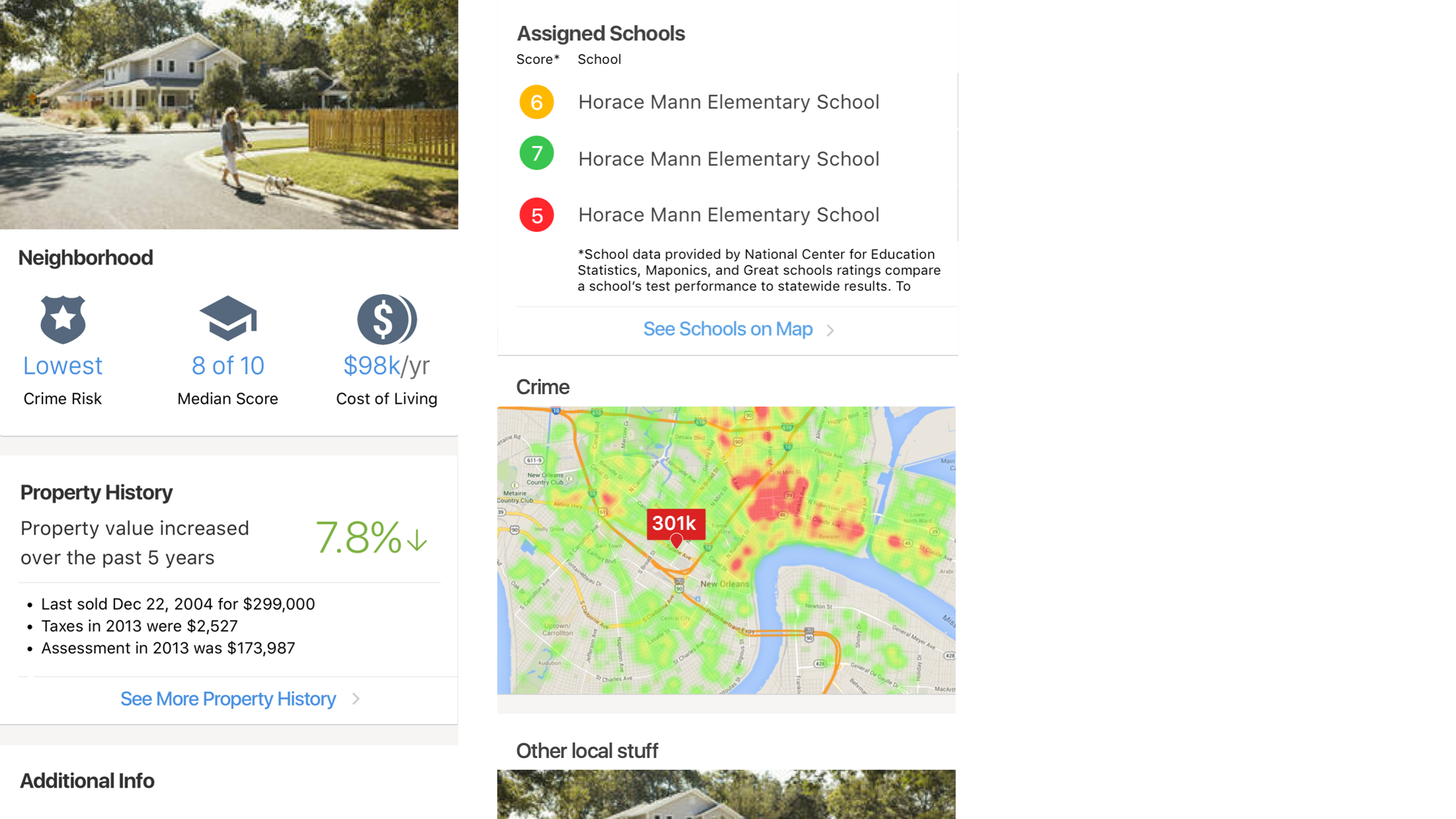 Two screens showing neighborhood information: crime risk, school median score and cost of living summarized with icons, and a detail view listing assigned schools with scores plus a color-coded crime heat map