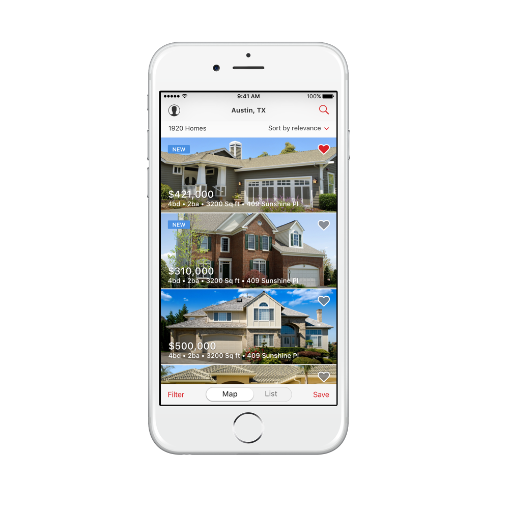 Realtor.com iOS list view on an iPhone showing edge-to-edge home photos with price and details overlaid, new badges, and save hearts, with a map and list toggle at the bottom