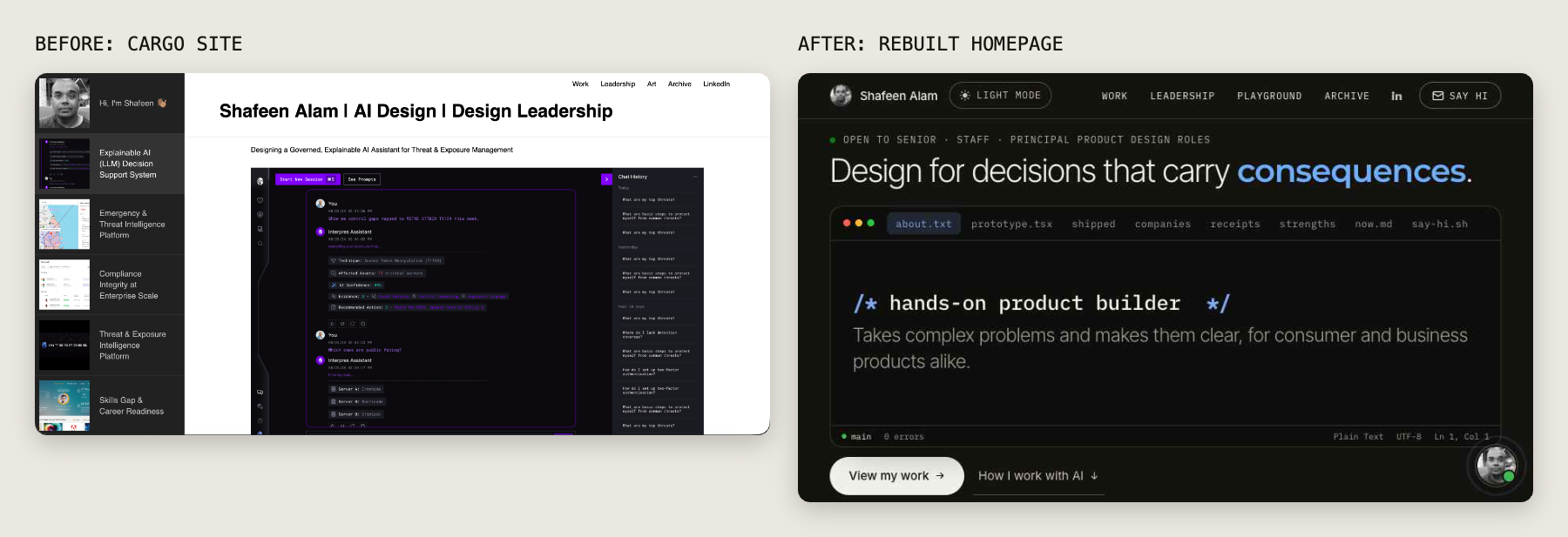 Before and after: the old Cargo site on the left and the rebuilt homepage on the right